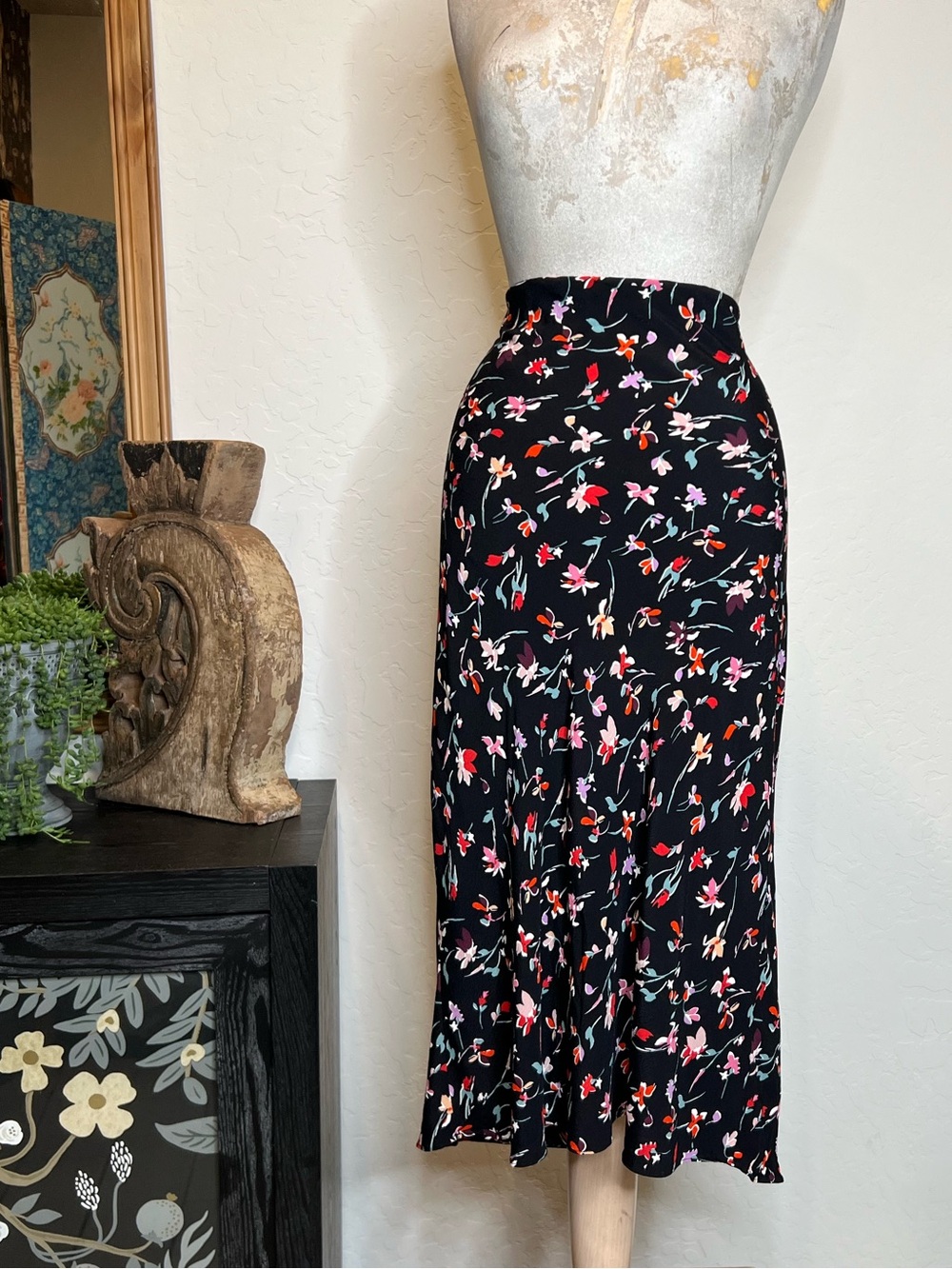 Madewell Black Floral Midi Skirt